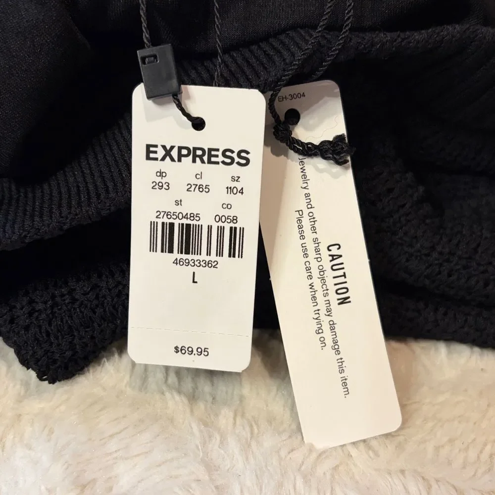 Express NWT Black Knee Length Crochet Textured Open Knit Lined Skirt Size L